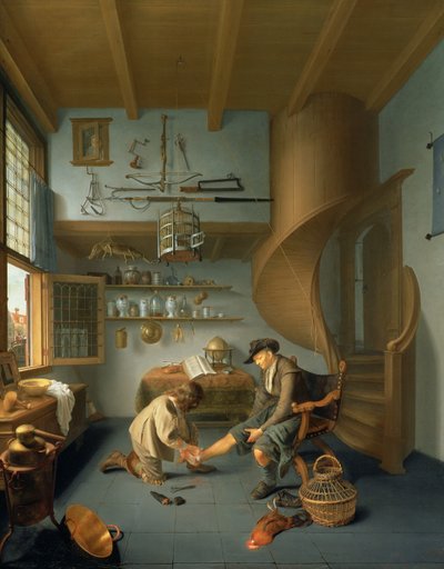 Ein Barbierchirurg behandelt den Fuß eines Bauern, ca. 1650 von Issac Koedyck